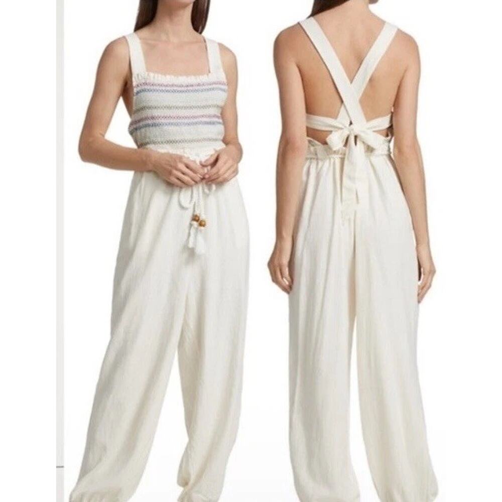 Free People Cream Wide-Leg Knit Jumpsuit with Smocked Bodice